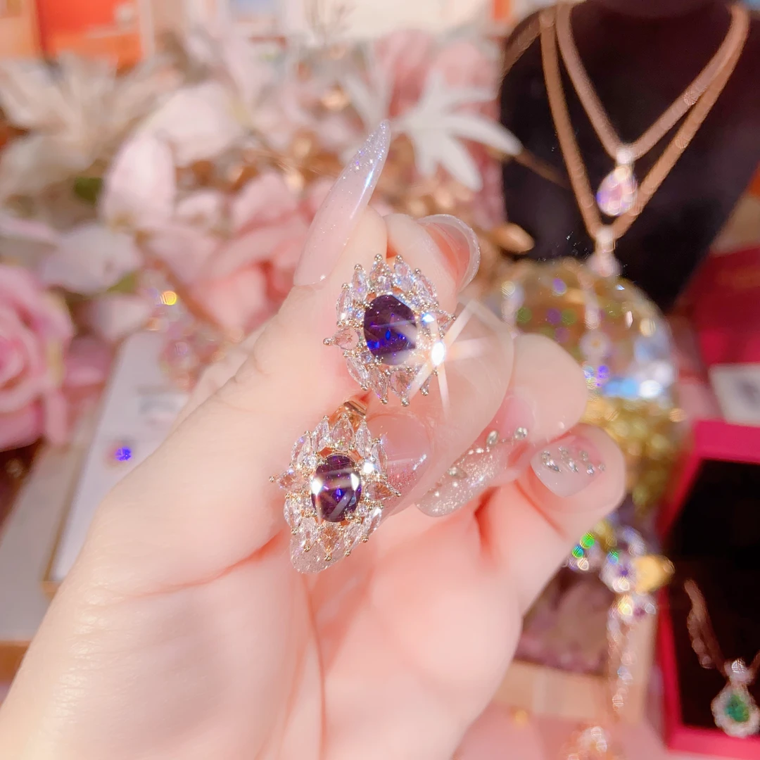 爆款【九紫耳钉】女神满钻高奢百搭甜美气质豪镶超闪时尚轻奢耳饰