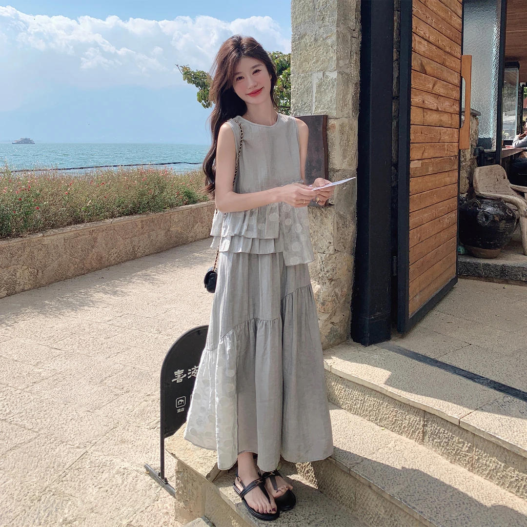 肌理感不规则假两件法式连衣裙女夏2025新款减龄超好看背心长裙