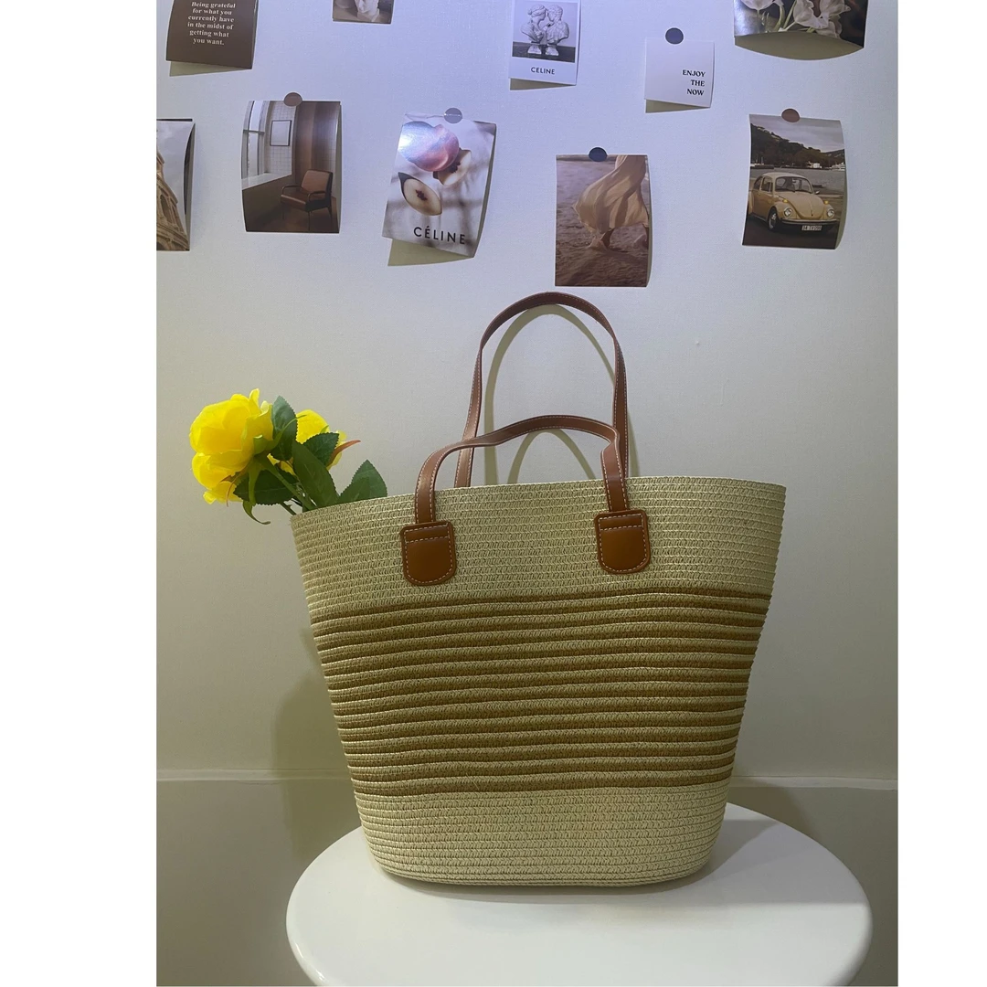 夏日条纹单肩通勤草编大号托特包