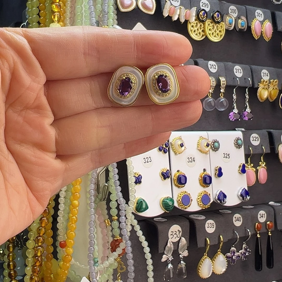 和田玉未镶嵌耳饰通体纯银天然紫水晶白贝母etd