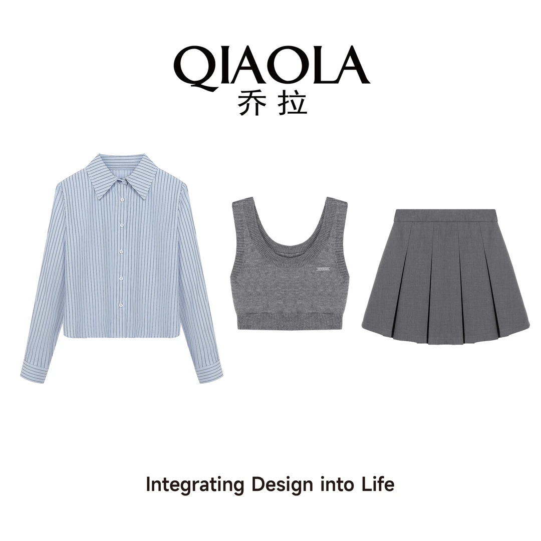 QIAOLA/乔拉【水色漫画】秋季斜纹坑条衬衫学院风百褶时尚套装预售