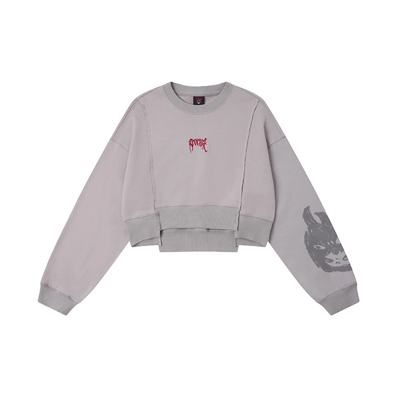 Revenge x Hirono联名款 美式复古短款拉绒圆领宽松休闲卫衣灰色