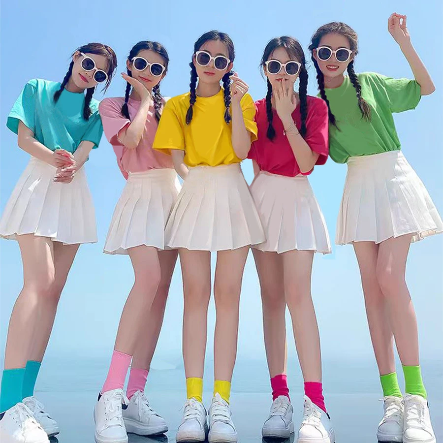 糖果色恤百褶裙套装演出服女彩色180新款多巴胺伴娘团闺蜜班服