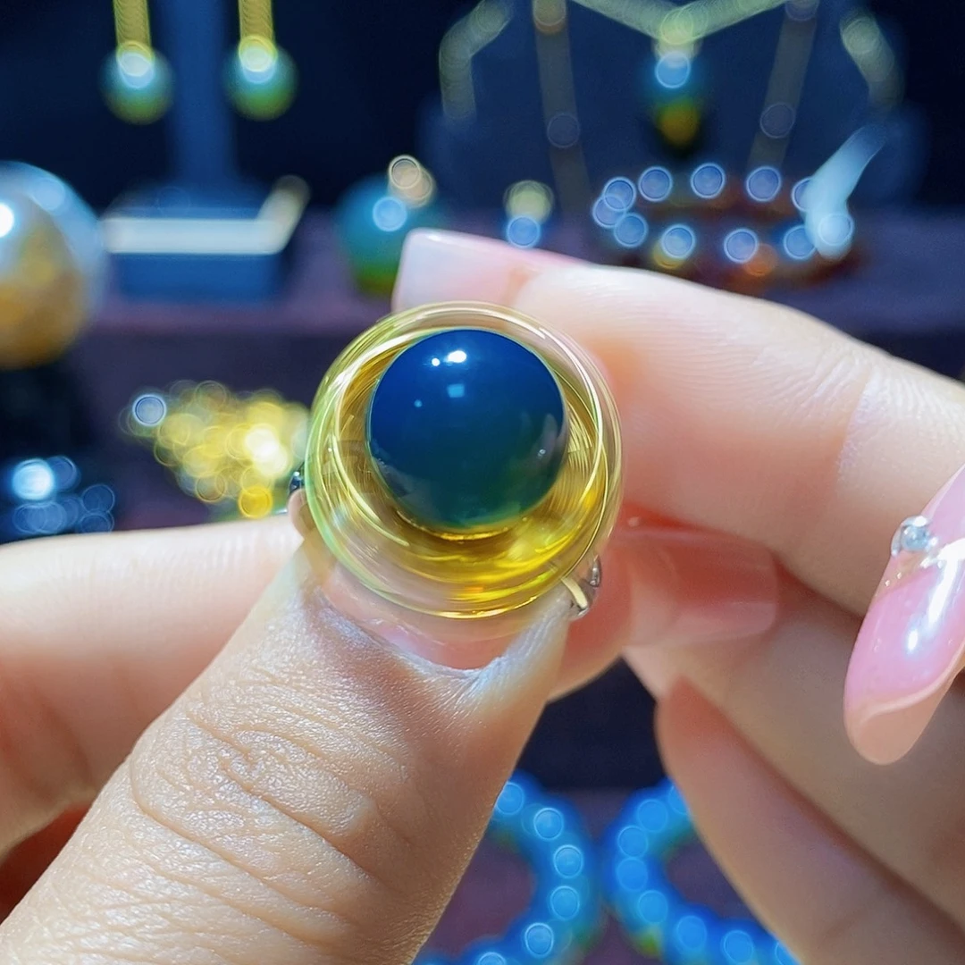蓝珀戒指银S925镀金镶嵌转运莲花戒指
