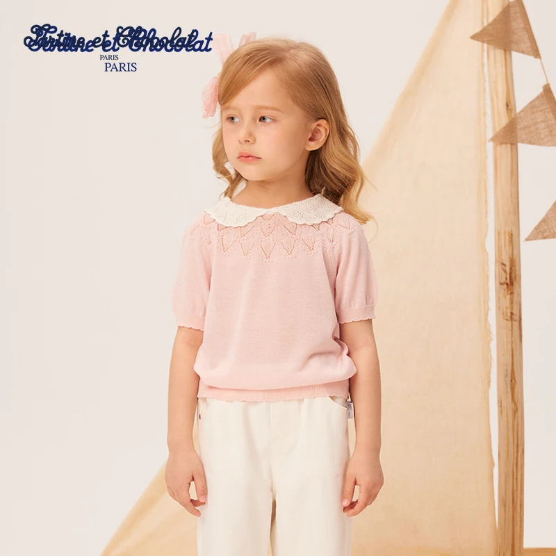 TC法国巧克力童装25夏季新品女童花边领针织衫