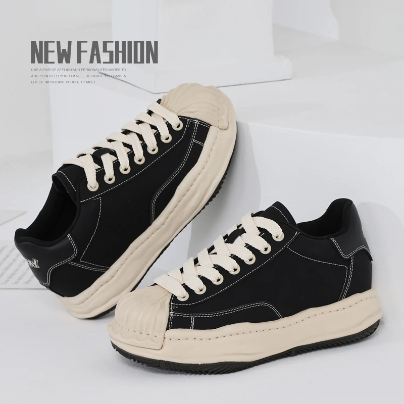 XJXY男鞋贝壳头隐形增高7公分秋季款板鞋厚底溶解鞋黑色时尚百搭