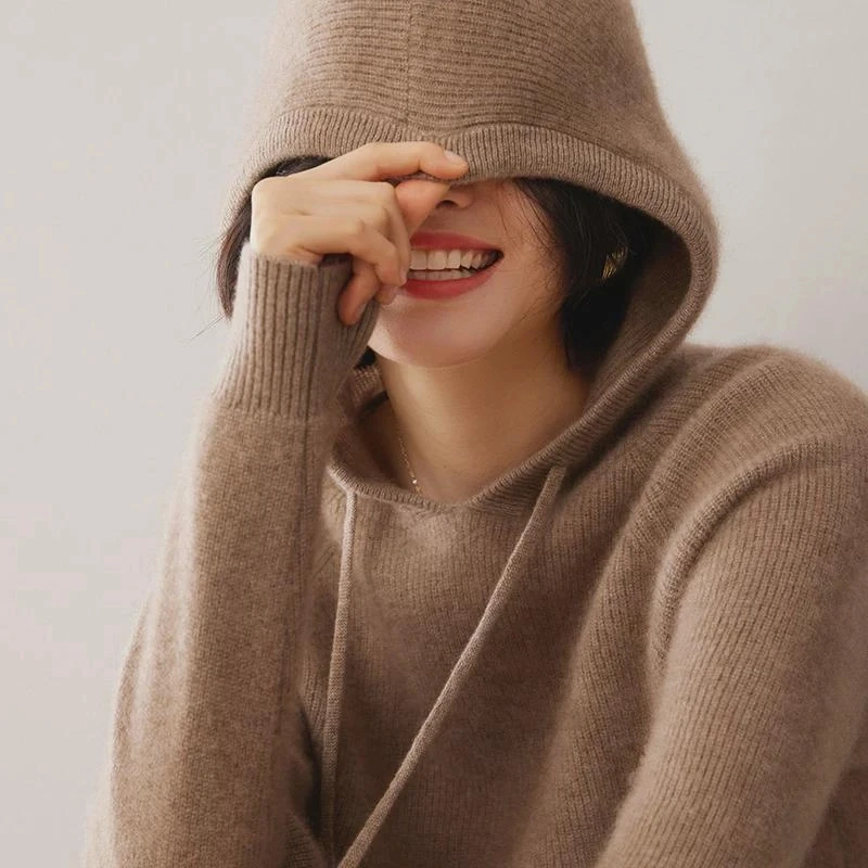 2024秋冬新款山羊绒衫女士连帽元宝针加厚套头衫内搭温柔针织毛衣