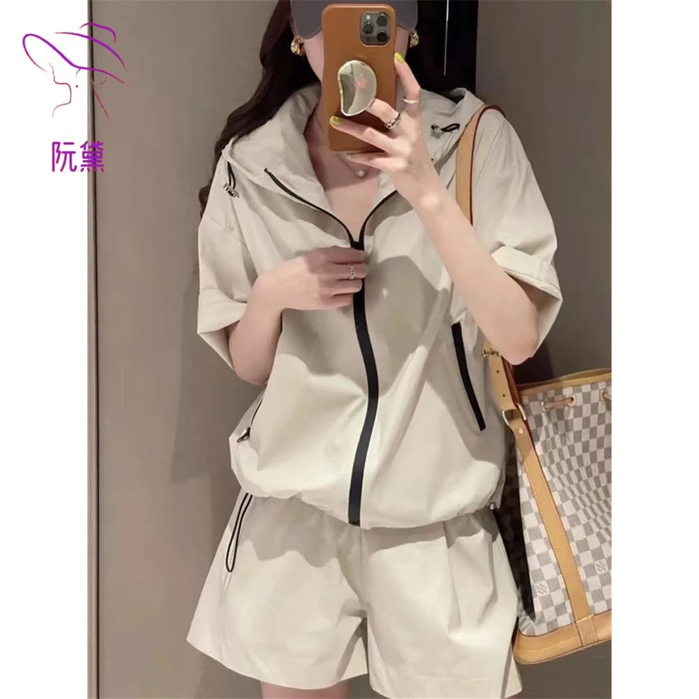 阮黛休闲连帽宽松开衫防晒衣套装女小个子夏季新款薄款短裤两件套