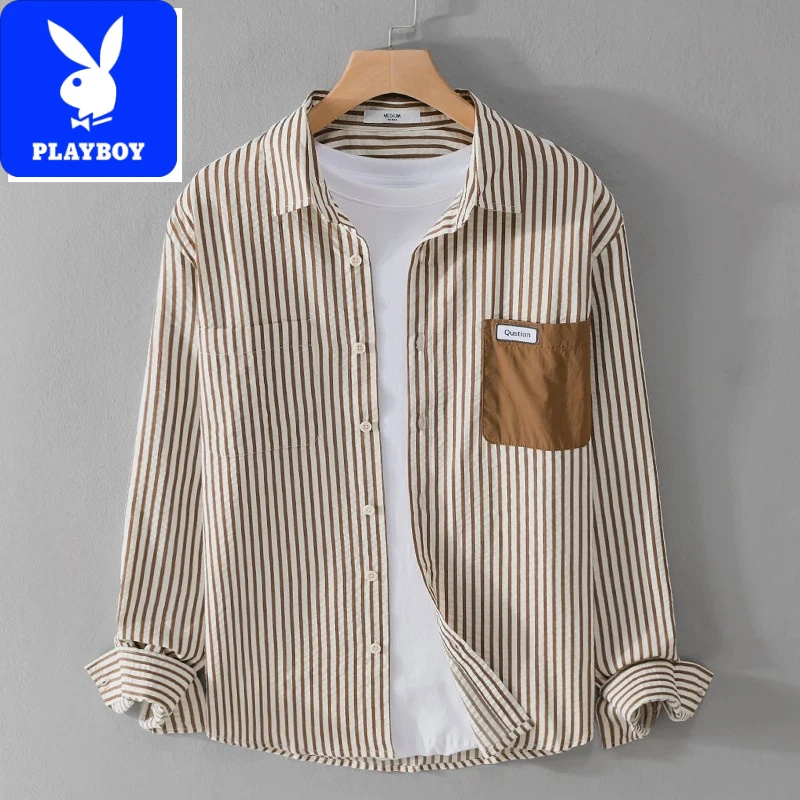 花花公子长袖衬衫男士春季潮流条纹泡泡纱肌理感休闲衬衣