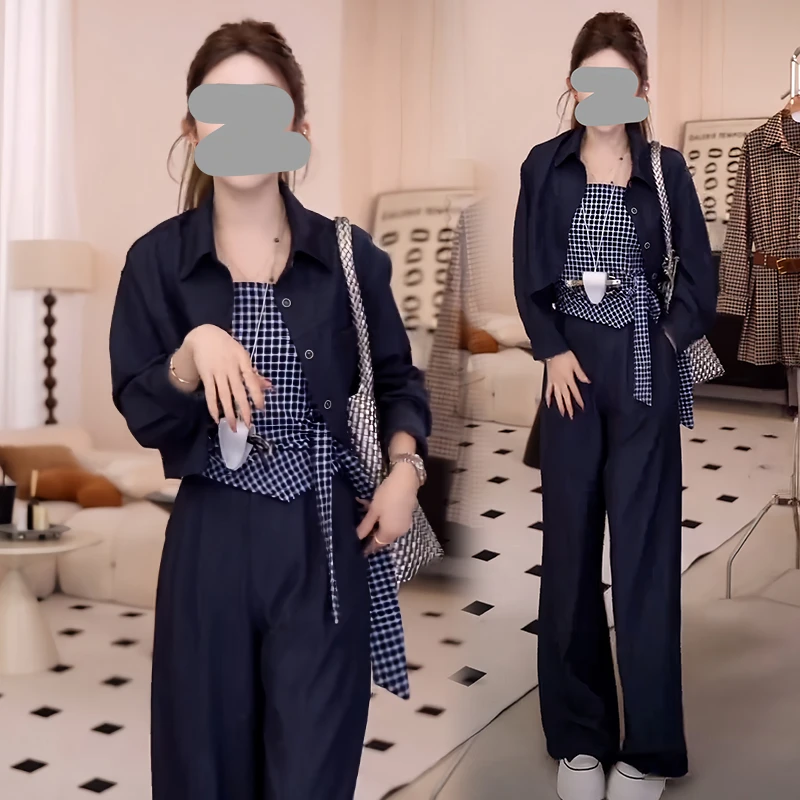 小个子休闲减龄套装女士2025年春秋新款背心开衫外套直筒裤三件套
