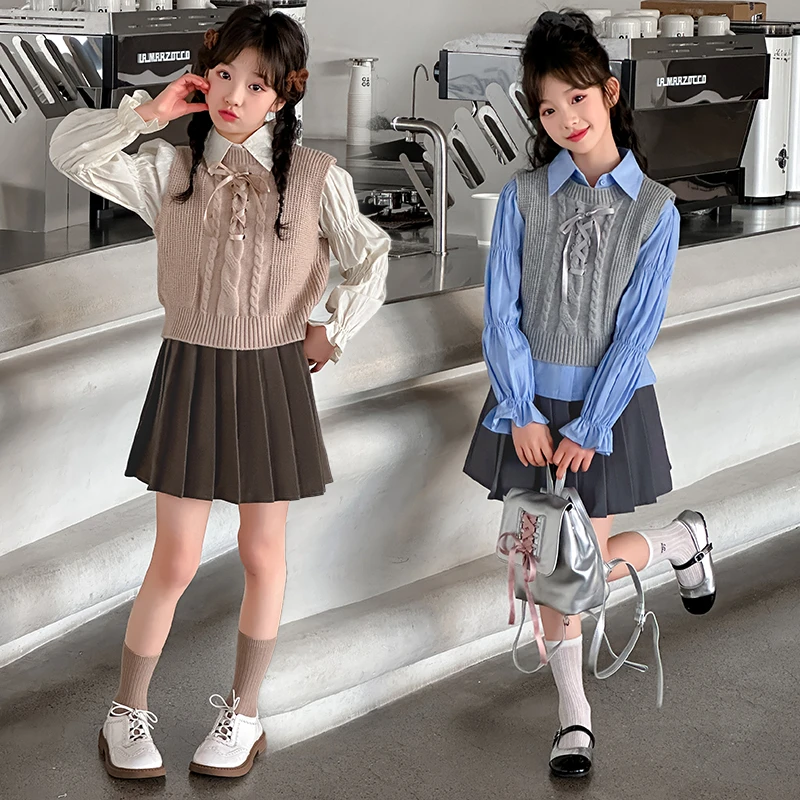 女童套装春秋款2025新款女孩大童春装jk百褶裙儿童马甲衬衫三件套