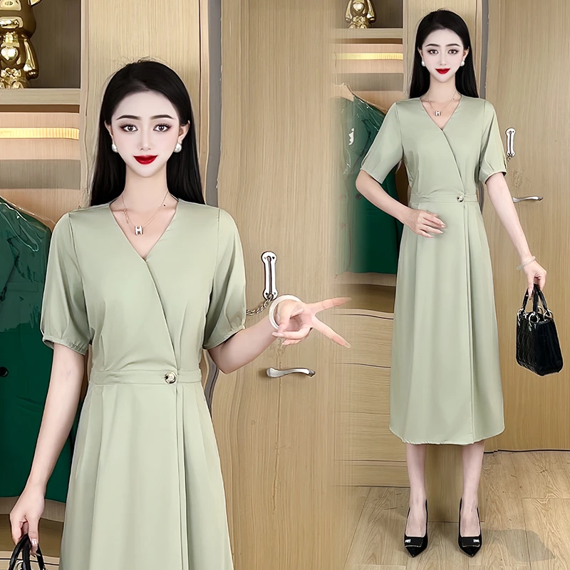 气质通勤V领短袖气质连衣裙2025夏季新款时尚洋气裙子女#DY700
