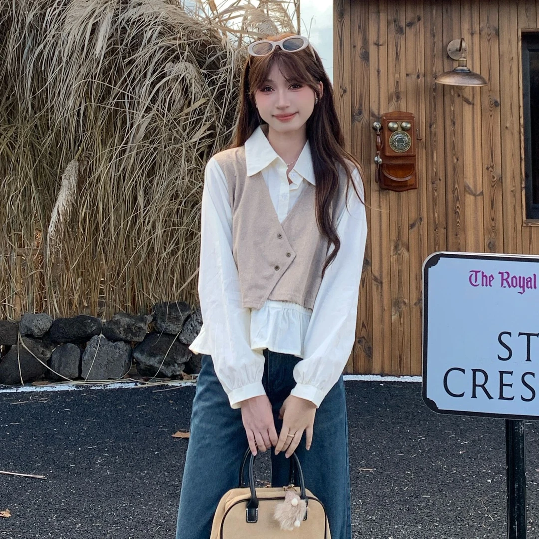 慕兔法式别致POLO领假两件长袖衬衫女2025秋新款百搭显瘦衬衫上衣