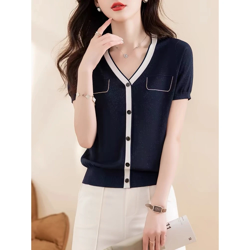 高级感气质v领短袖T恤女装2025新款洋气小香风针织衫上衣体恤