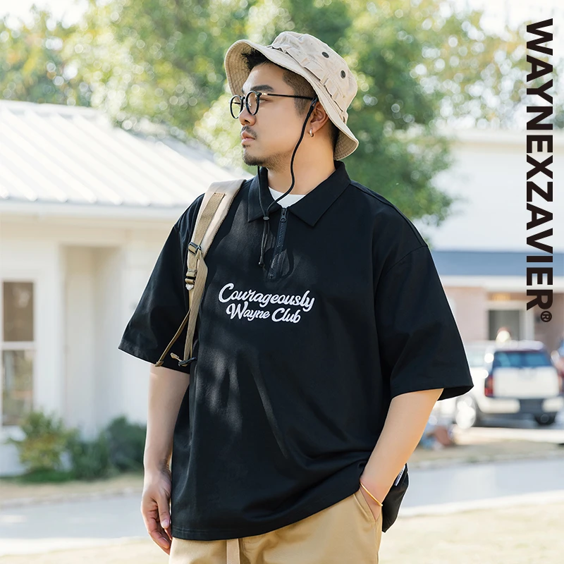 韦恩泽维尔加肥加大宽松大码男夏拉链翻领字母绣花抗皱POLO衫9075