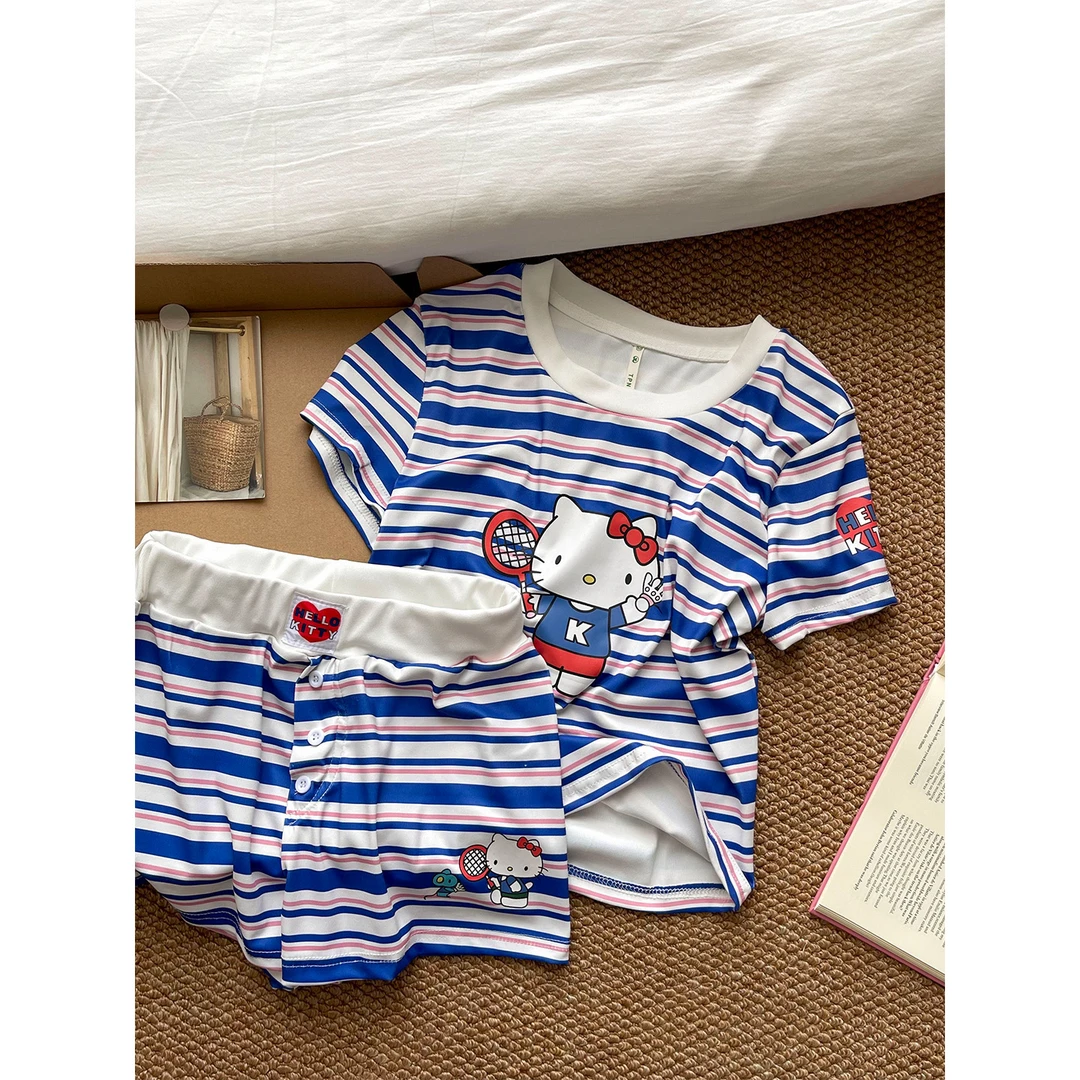 网红辣妹Hello Kitty印花条纹睡衣女夏季新款短袖短裤家居服套装