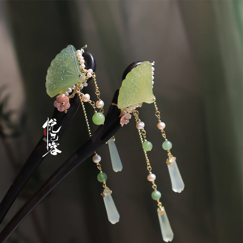 悦己容[绿绮]复古风木簪汉服百搭扇形挽发头饰日常古典流苏发饰