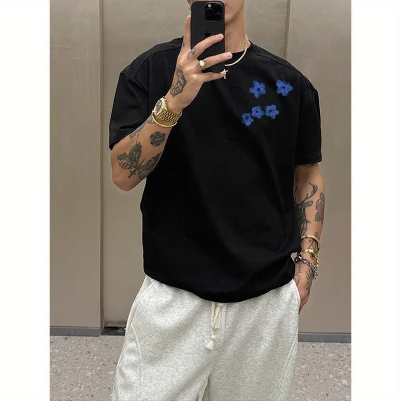 重磅暗黑系手绘樱花印花短袖T恤男小众美式潮牌宽松纯棉圆领上衣