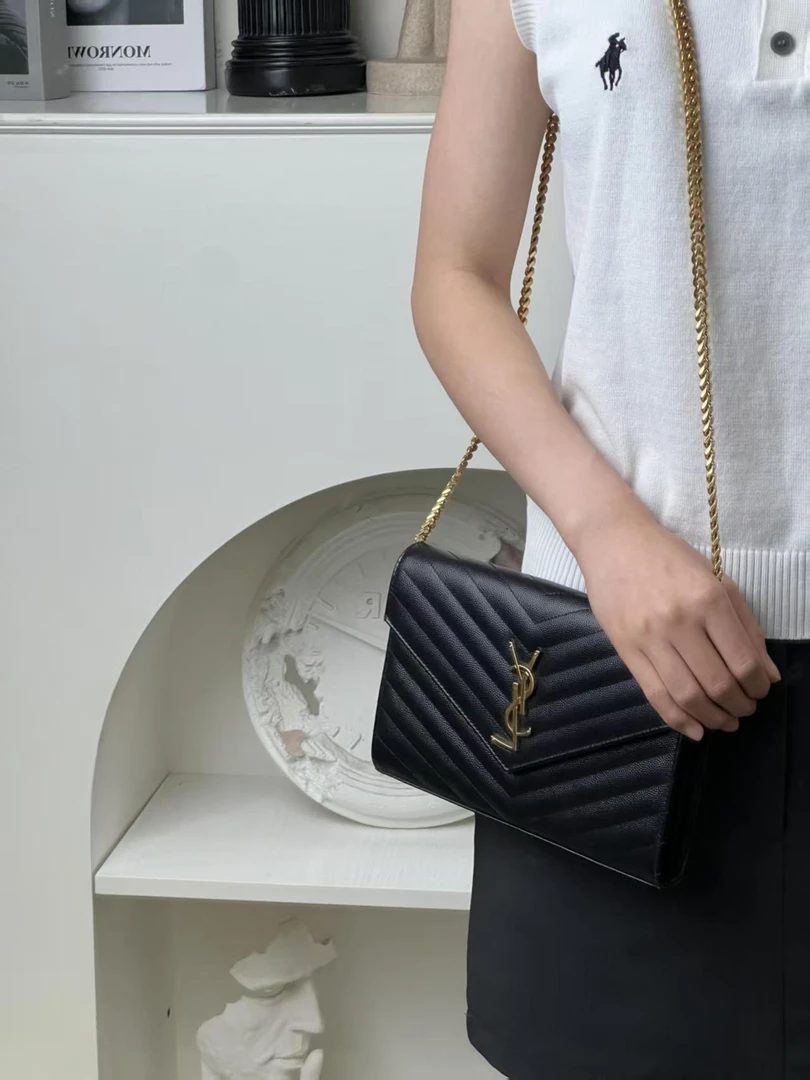 99新 YSL/圣罗兰 信封中号黑金荔枝纹/优品