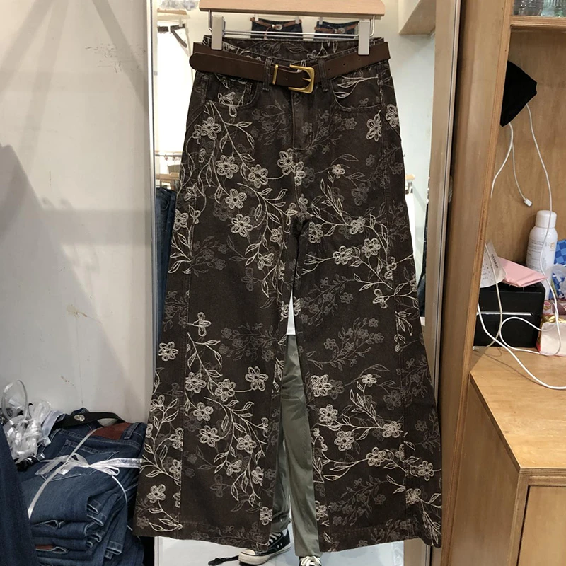 2025长裤新款直筒提花春秋牛仔裤筒裤高腰宽松时尚阔腿裤慵懒风