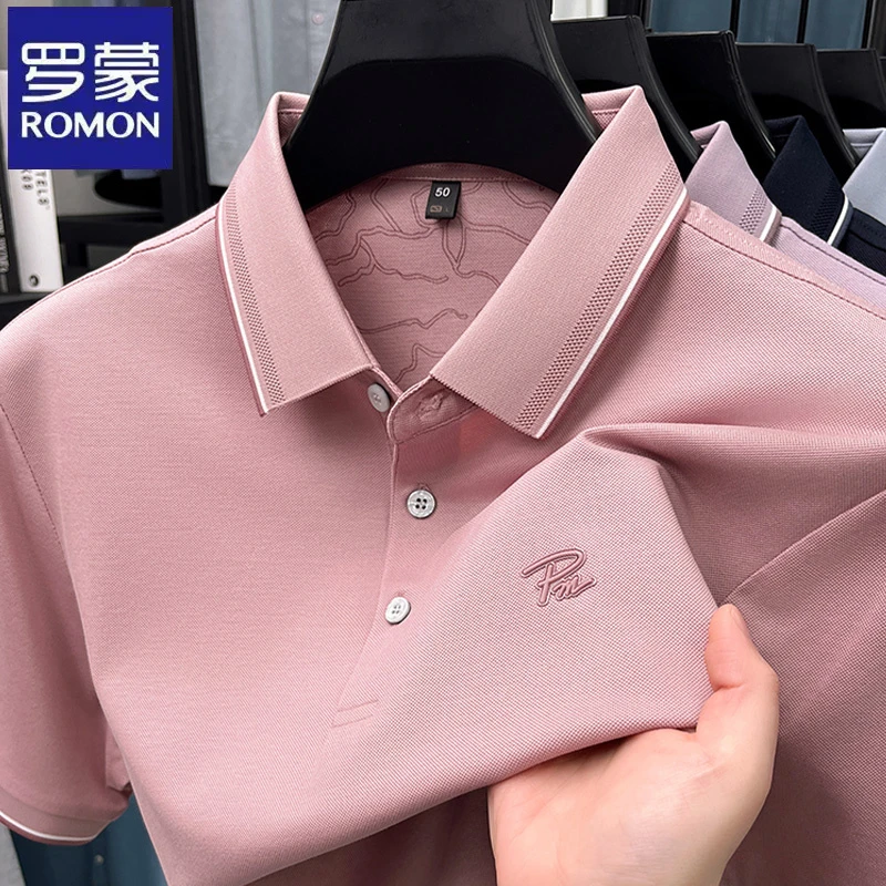 罗蒙粉色休闲印花短袖Polo衫夏季新款商务翻领男士职业纯色t恤衫