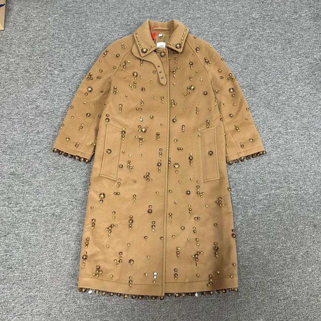 99新 BURBERRY/博柏利 卡其色 秀款 纽扣 羊毛大衣 UK4
