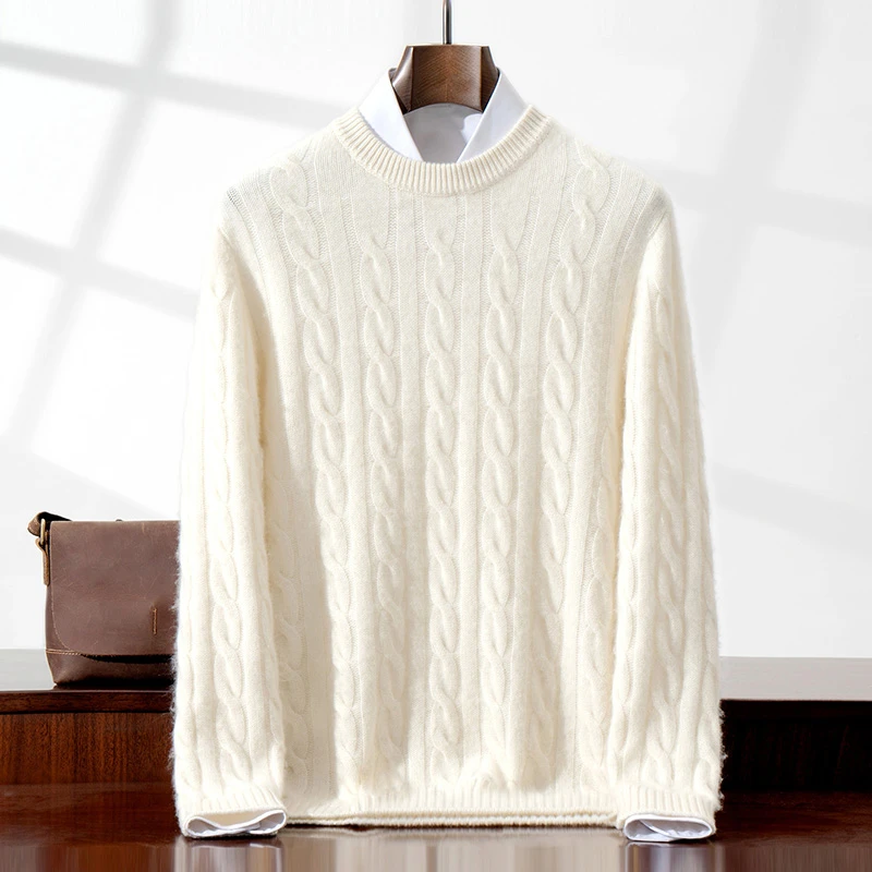 【上新特惠】男士重磅绞花山羊绒衫圆领时尚宽松针织套头衫长袖纯色