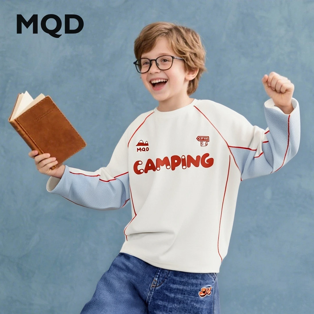 MQD童装男童长袖体恤2025秋季新款户外露营登山服宽松插肩撞色T恤