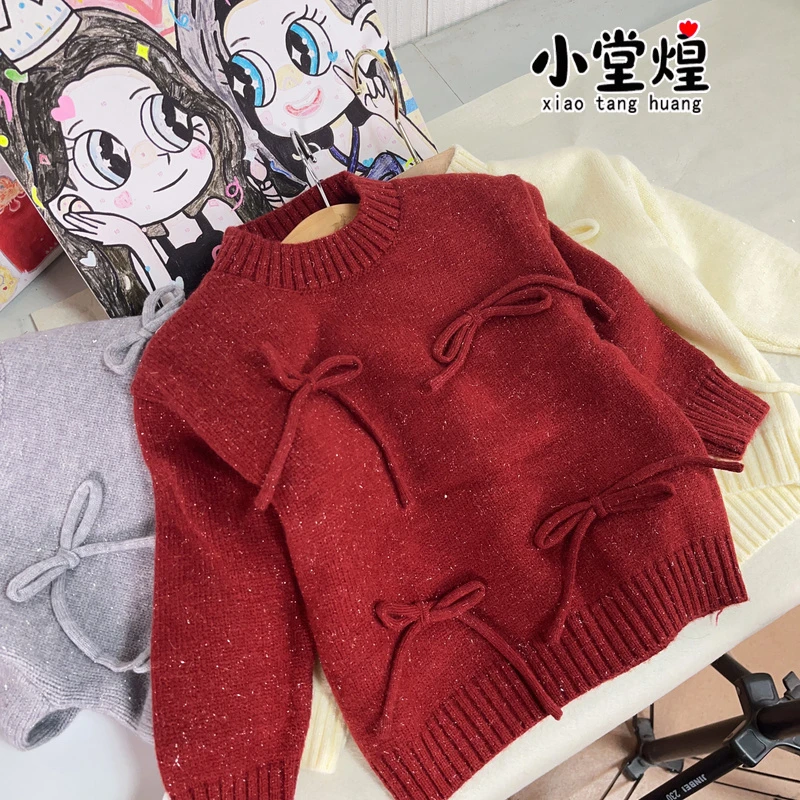女童毛衣秋冬装2025新款洋气儿童加厚毛线女宝宝上衣衣服蝴蝶结厚