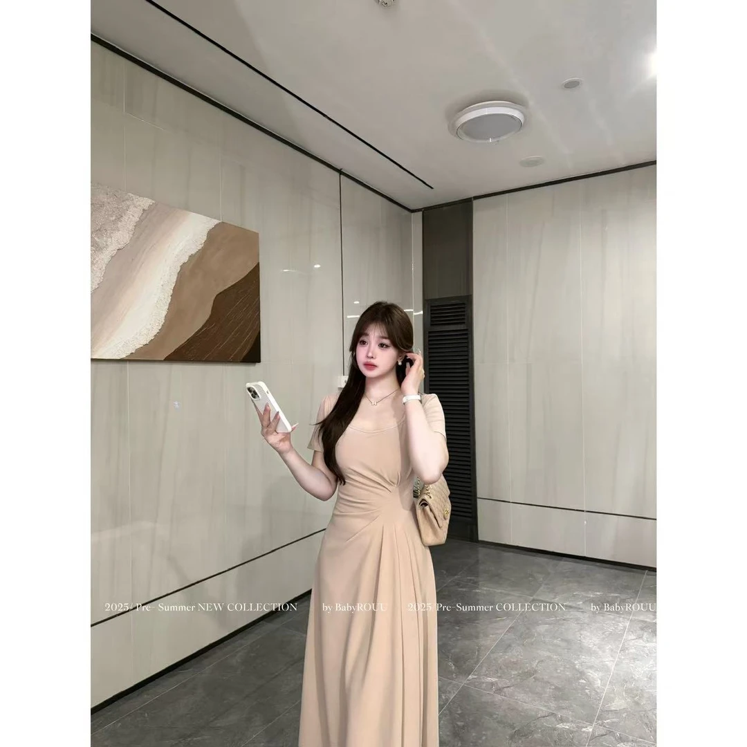 【现货】【柔情一梦】温与柔法式简约设计感短袖捏折遮肚收腰连衣裙