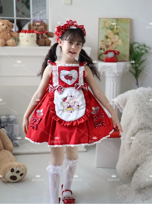 女童草莓小熊新款年款背心裙红色喜庆洛丽塔日系连衣裙公主裙儿童