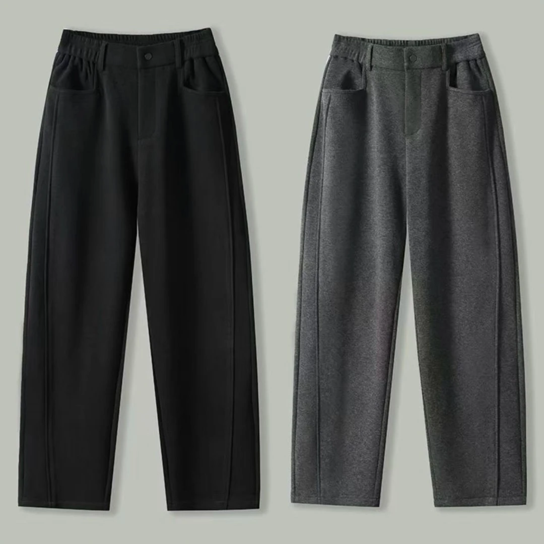 加厚毛呢保暖弯刀裤男秋冬美式显瘦阔腿宽松直筒运动加绒休闲裤子