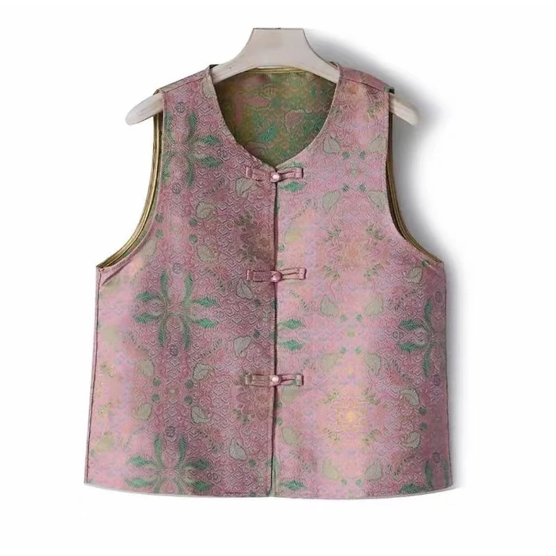 M13粉佳人马甲油画小花新中式国风盘扣正反面穿马甲唐装女士坎肩