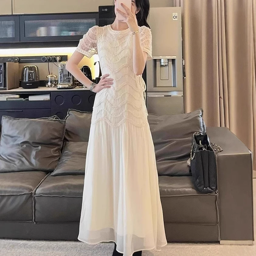 法式名媛风气质短袖连衣裙女2025夏季新款高级感绝美收腰显瘦长裙