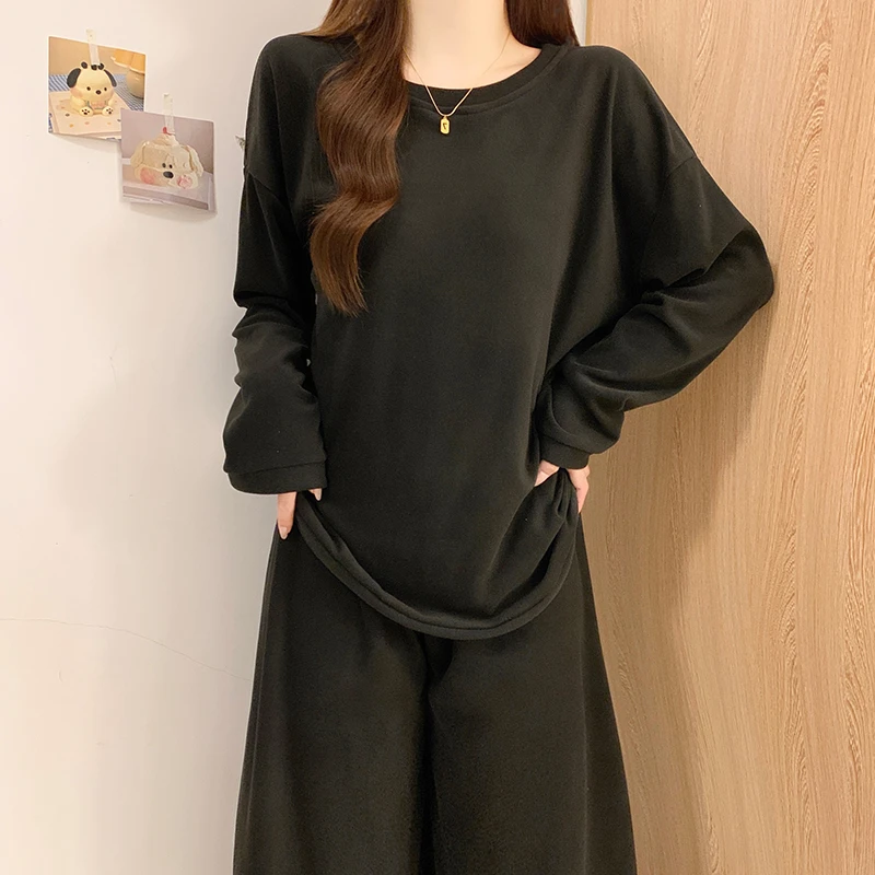 睡衣女款秋冬季长袖小个子休闲简约风保暖双面德绒黑色套装家居服