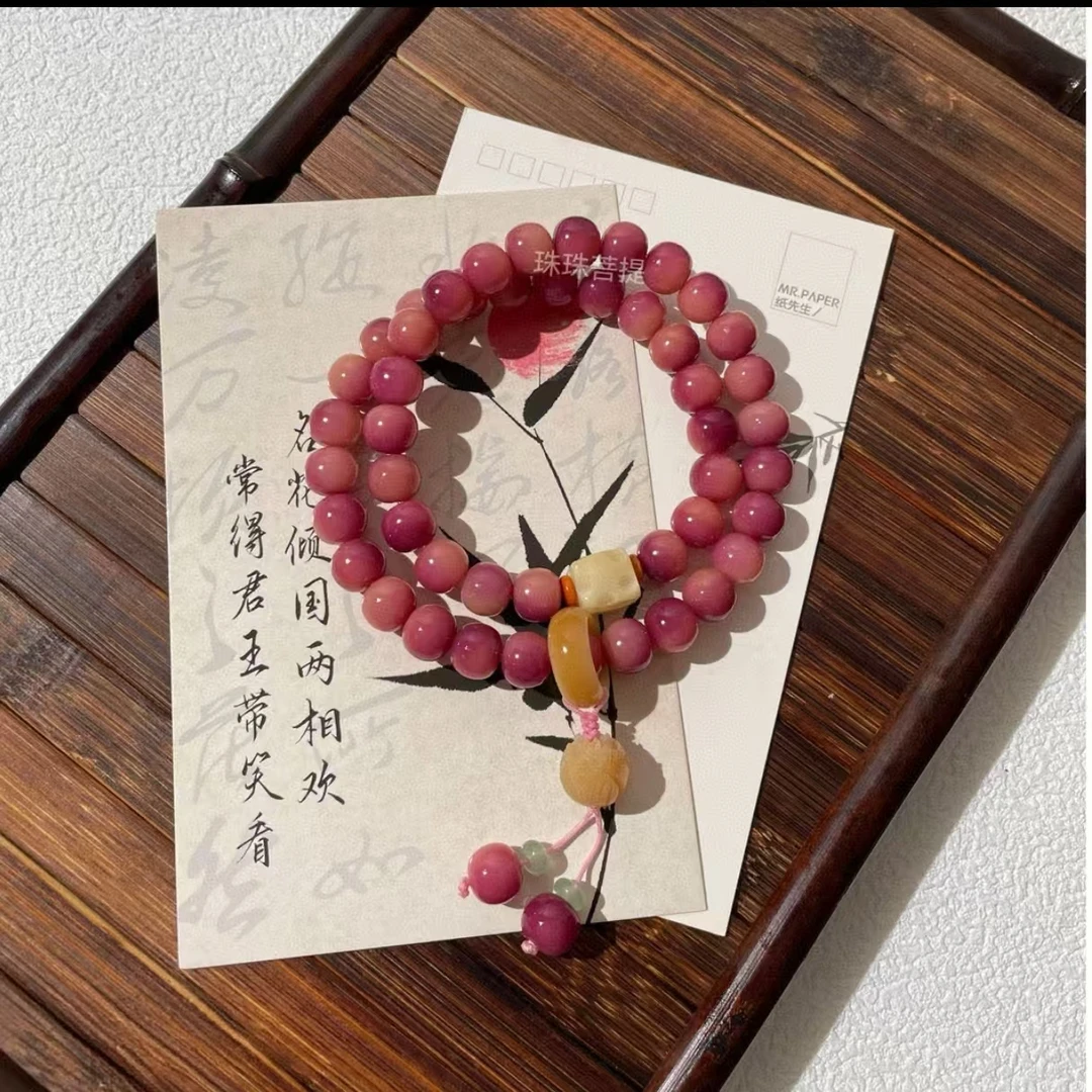 乌梅子酱双圈菩提跑环手串天然菩提精雕奶酪仙女手持文玩莲花吊坠