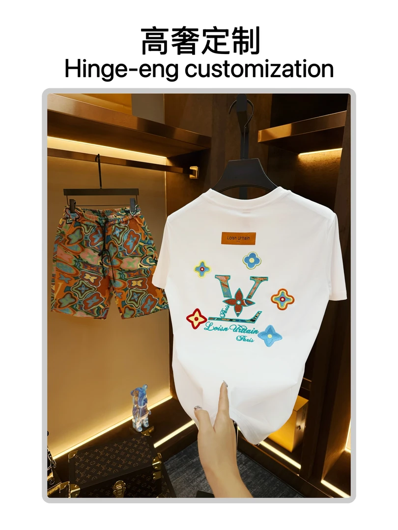 【新款短袖】夏季轻奢休闲高级感贴布刺绣短袖圆领时尚情侣男款3692