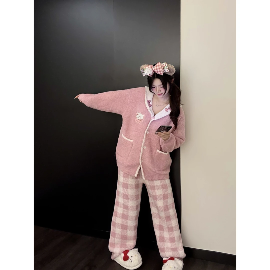 甜美可爱针织毛衣半边绒睡衣女秋冬季新款加绒加厚保暖家居服套装