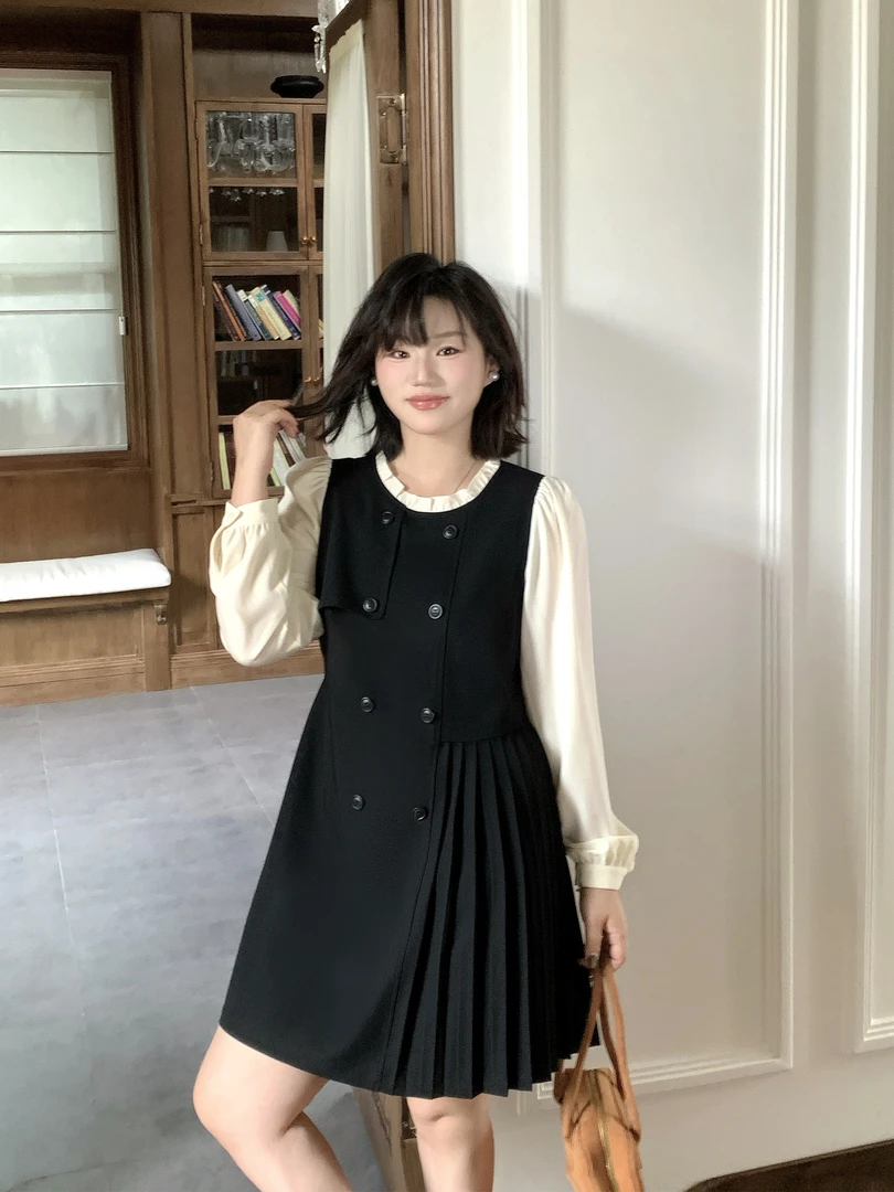 月半鱼【柏林少女】百褶裙学院风千金感连衣裙长短款拼接假两件裙子