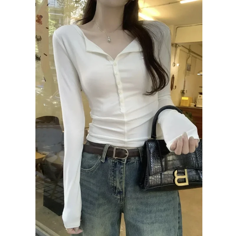 【6-8运补】 纯欲纽扣长袖T恤2025秋冬V领上衣女打底衫+白色短袖