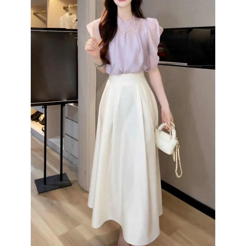 洋气减龄百搭衬衫半身裙套装女2025夏季新款短袖上衣弹力收腰半裙