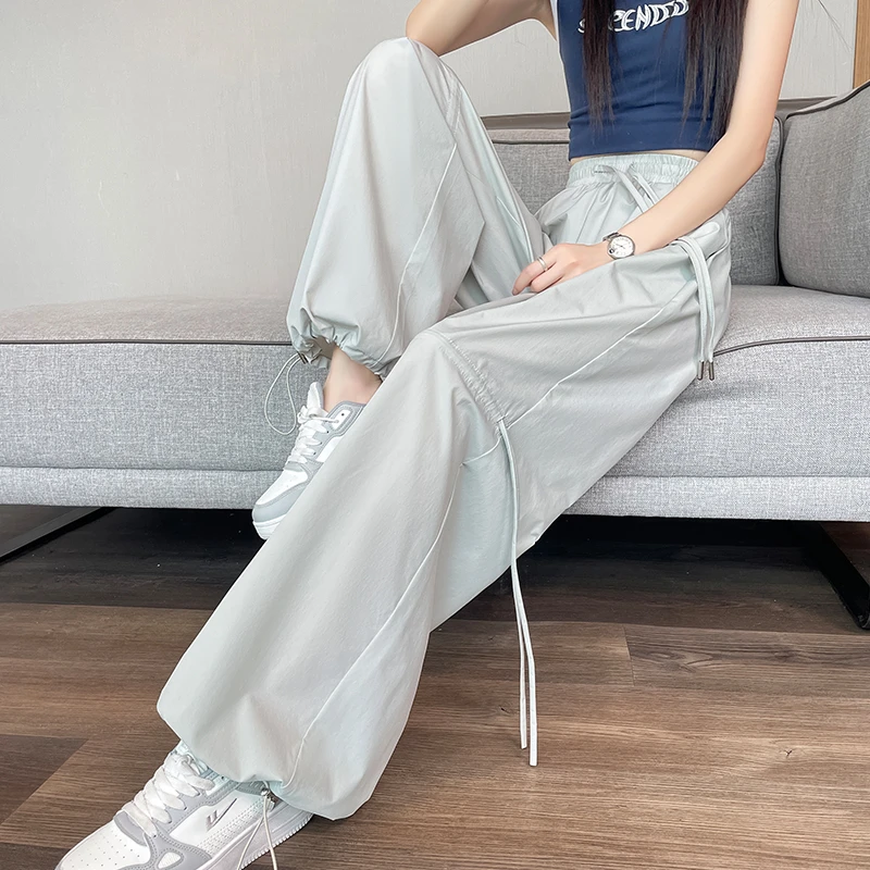 冰丝速干抽绳工装裤女2025夏季薄款宽松显瘦垂感运动窄版阔腿裤子