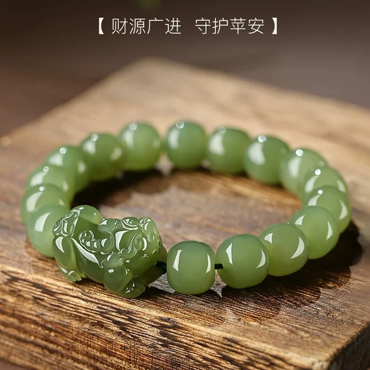 天然和田玉貔貅手串男女湖水绿和田玉手串皮丘老型珠玉石手链