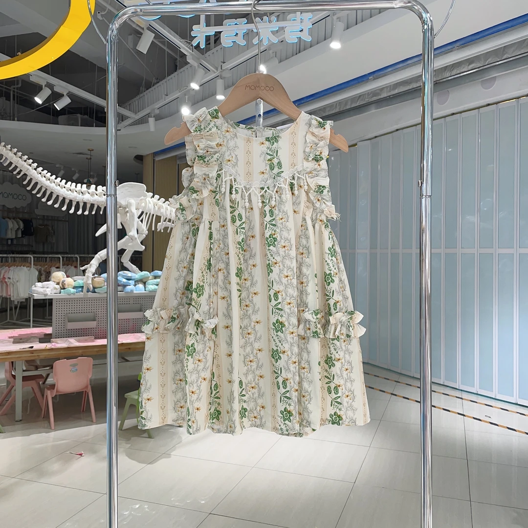 MOMOCO夏季新款女童流苏花边袖法式复古碎花连衣裙77630476115