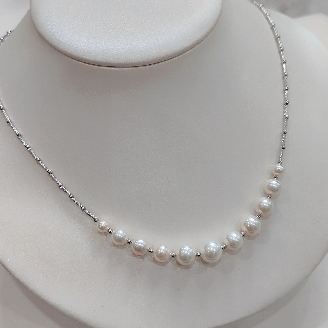 NN S925银淡水珍珠白色珍珠节节高升微笑链项链6-10MM气质时尚