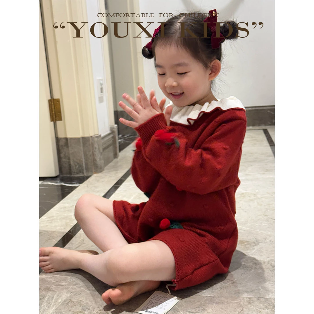 现飞飞家樱桃慕斯24新款冬针织衫红色花边领时尚撞色毛衣裙FF2384