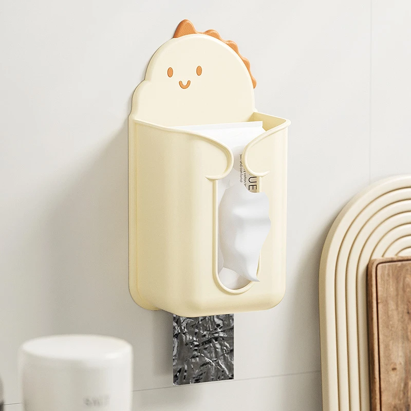 萌趣恐龙纸巾盒壁挂免打孔卫生间浴室可爱卡通2合1抽纸袋子收纳盒