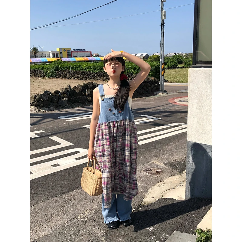 嘿山姥姥牛仔拼接吊带背心连衣裙子女夏设计感拼接可爱复古长裙