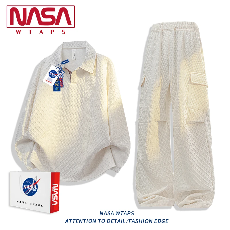 NASA WTAPS美式提花休闲运动套装男款春秋季polo衫长裤穿搭一整套