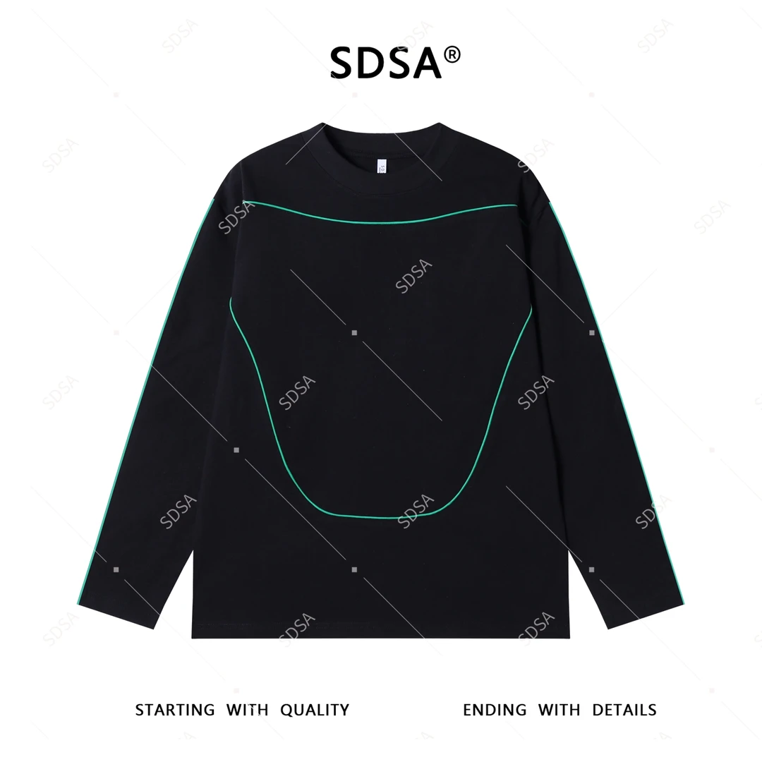 SDSA男士秋冬新款轻奢痞帅男装简约撞色线条圆领长袖T恤宽松潮牌